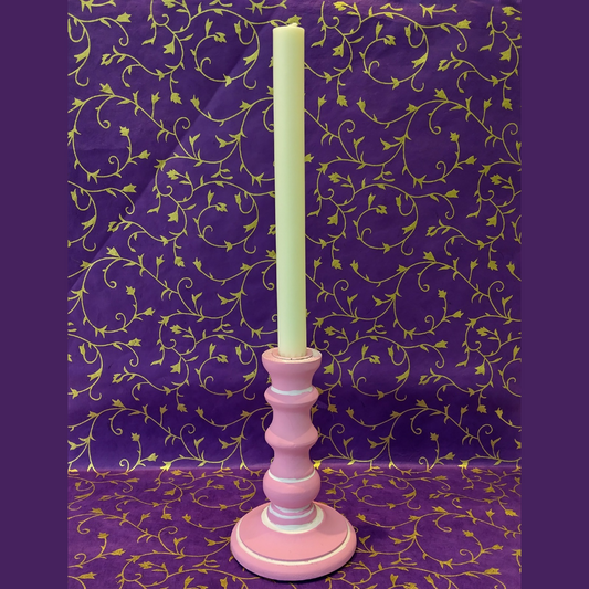 Turned Wood Taper Candlestick Candle Holder - Pink