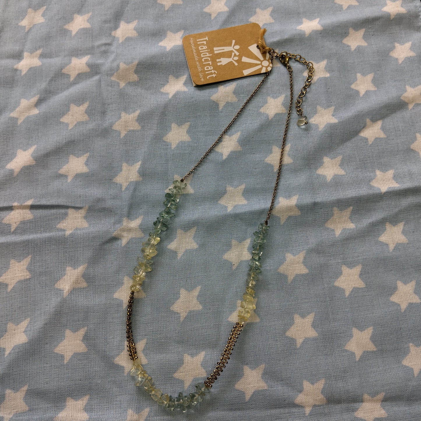 Handmade Gold Tone Beaded Necklace Mint & Clear