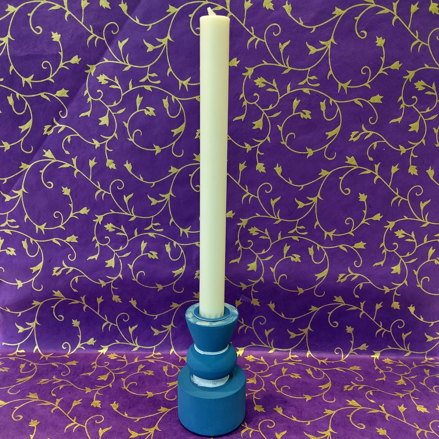 Turned Wood Taper Candlestick Candle Holder - Blue