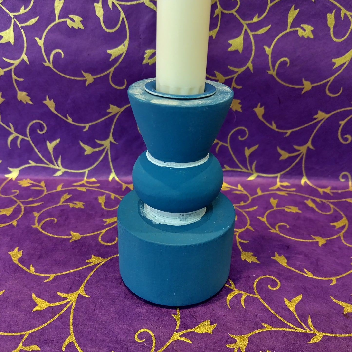 Turned Wood Taper Candlestick Candle Holder - Blue