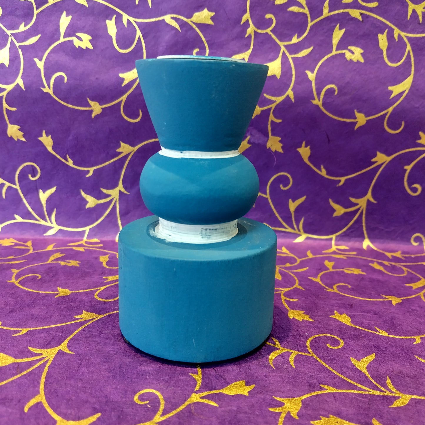 Turned Wood Taper Candlestick Candle Holder - Blue