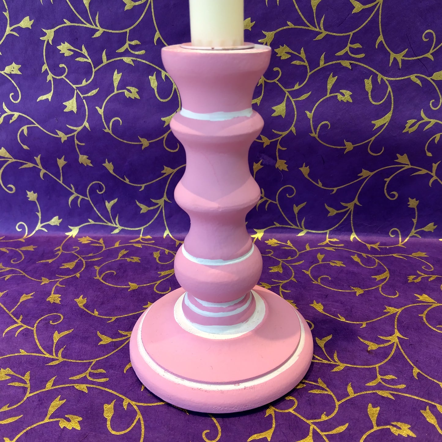 Turned Wood Taper Candlestick Candle Holder - Pink