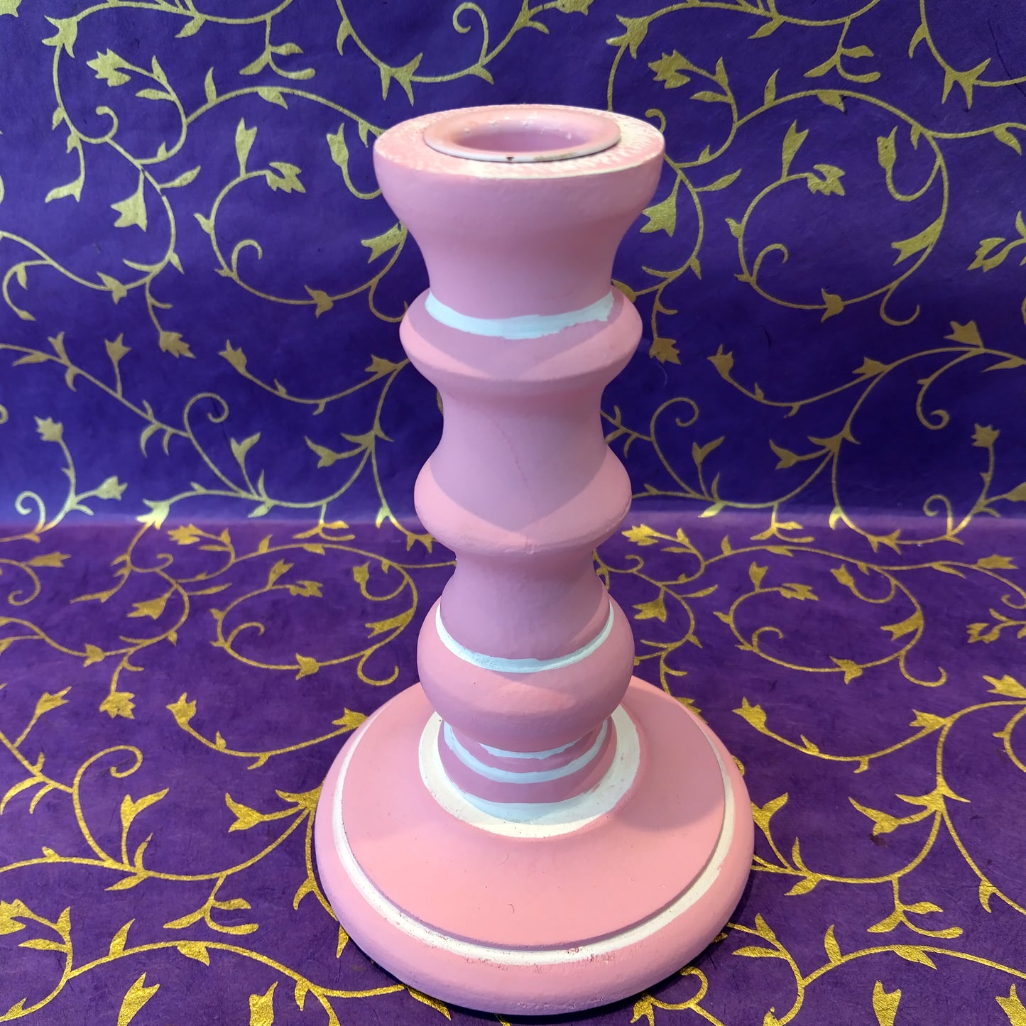 Turned Wood Taper Candlestick Candle Holder - Pink